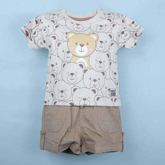 Peach Glow – Boys’ Printed T-shirt & Shorts Ensemble