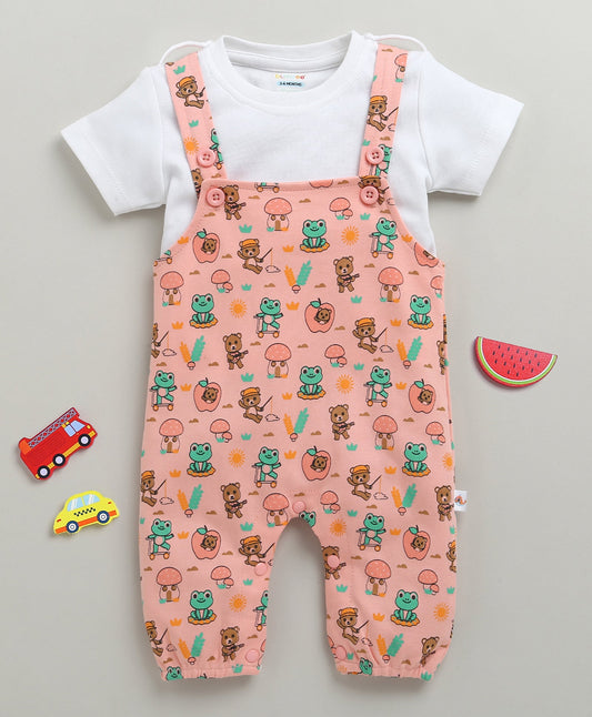 Bumzee Unisex Cotton Dungaree Set – Peach | Half Sleeve Tee & Romper