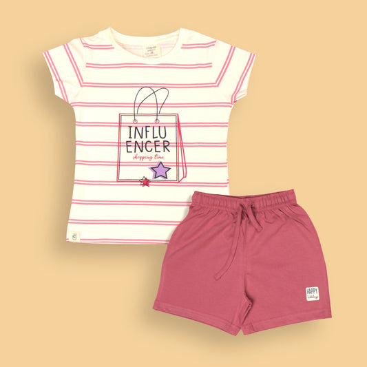Ollypop Dark Pink Nightwear Set with Influencer Shopping Time Print T-Shirt and Drawstring Shorts