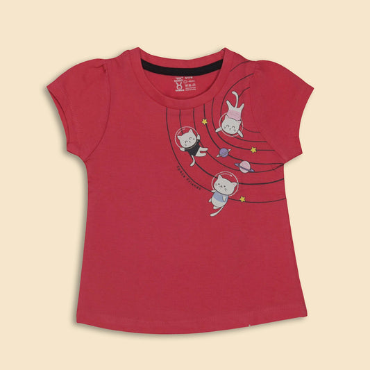 Girls’ Dark Pink Space Adventure T-Shirt – Pink Rabbit Cats & Stars Print