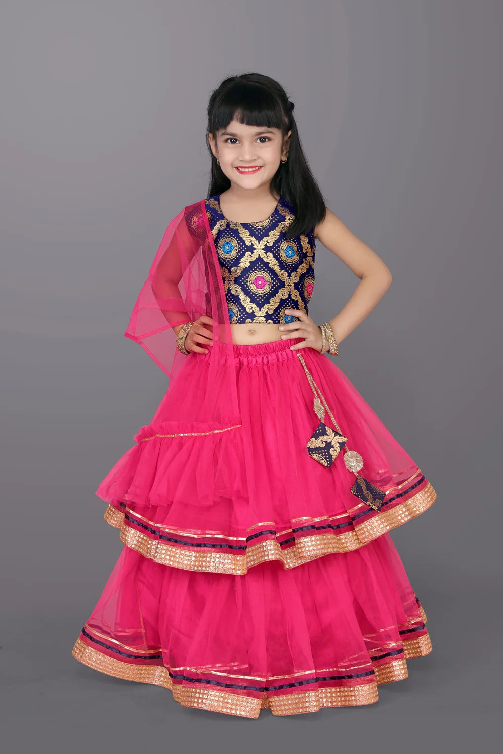 Blue Abstract Print Choli with Dark Pink Lehenga – Satyam Fab Girls’ Ethnic Festive Set