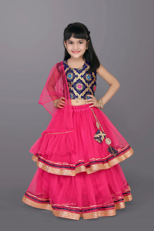 Blue Abstract Print Choli with Dark Pink Lehenga – Satyam Fab Girls’ Ethnic Festive Set