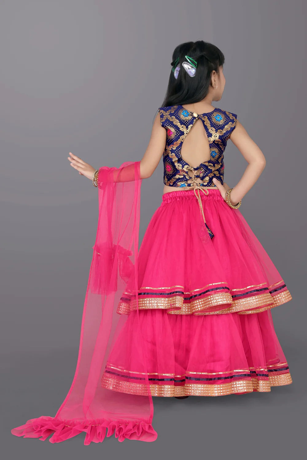Blue Abstract Print Choli with Dark Pink Lehenga – Satyam Fab Girls’ Ethnic Festive Set