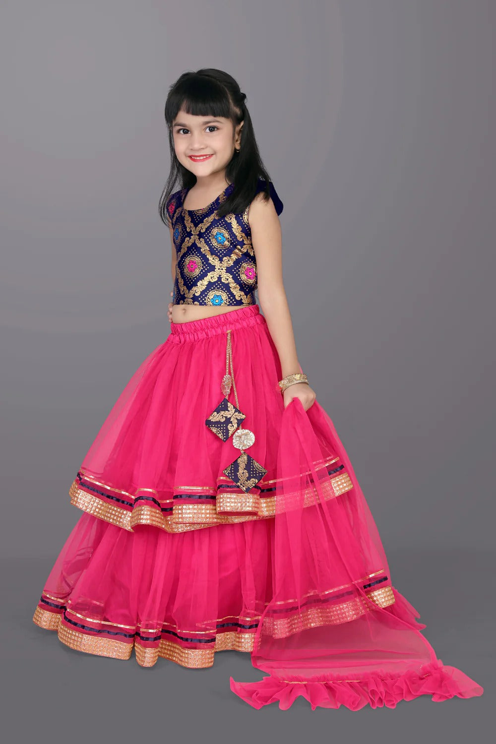 Blue Abstract Print Choli with Dark Pink Lehenga – Satyam Fab Girls’ Ethnic Festive Set