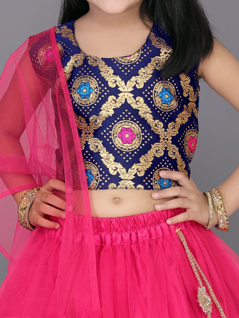 Blue Abstract Print Choli with Dark Pink Lehenga – Satyam Fab Girls’ Ethnic Festive Set