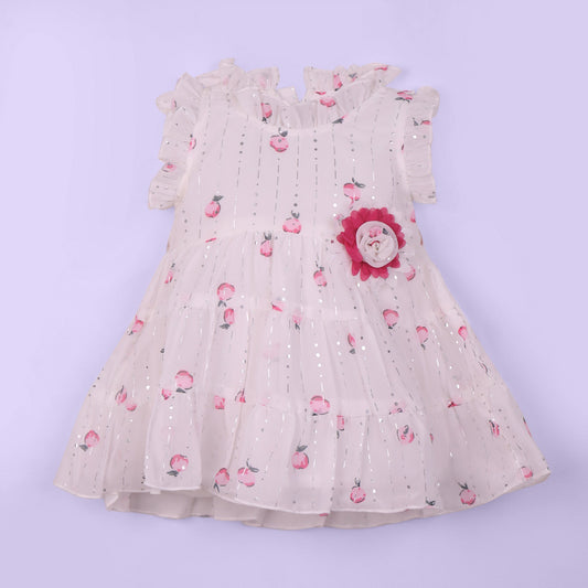 A Little Pari’s party frock: short sleeves, back zipper, and playful dark pink all-over prints!