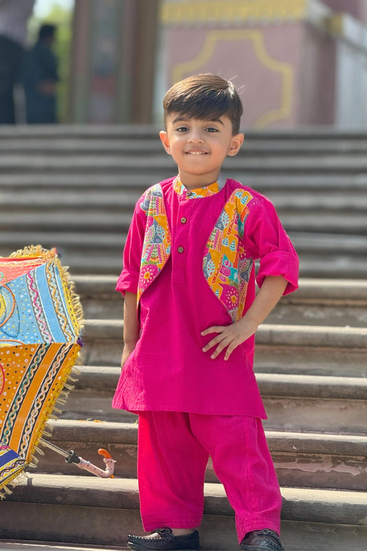 Peekaboo Boy’s Pink All-Over Print Kurta & Solid Dhoti Pant Set – Comfortable Cotton"