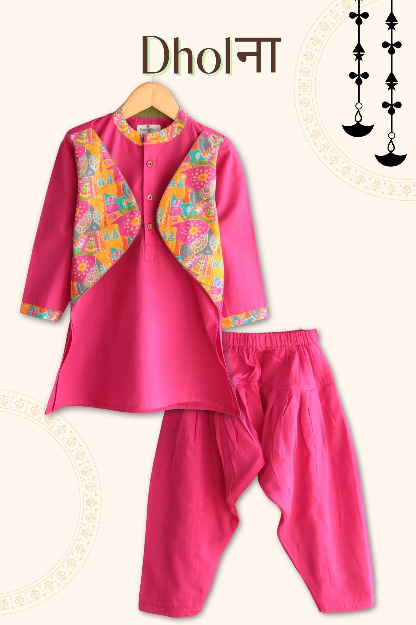 Peekaboo Boy’s Pink All-Over Print Kurta & Solid Dhoti Pant Set – Comfortable Cotton"