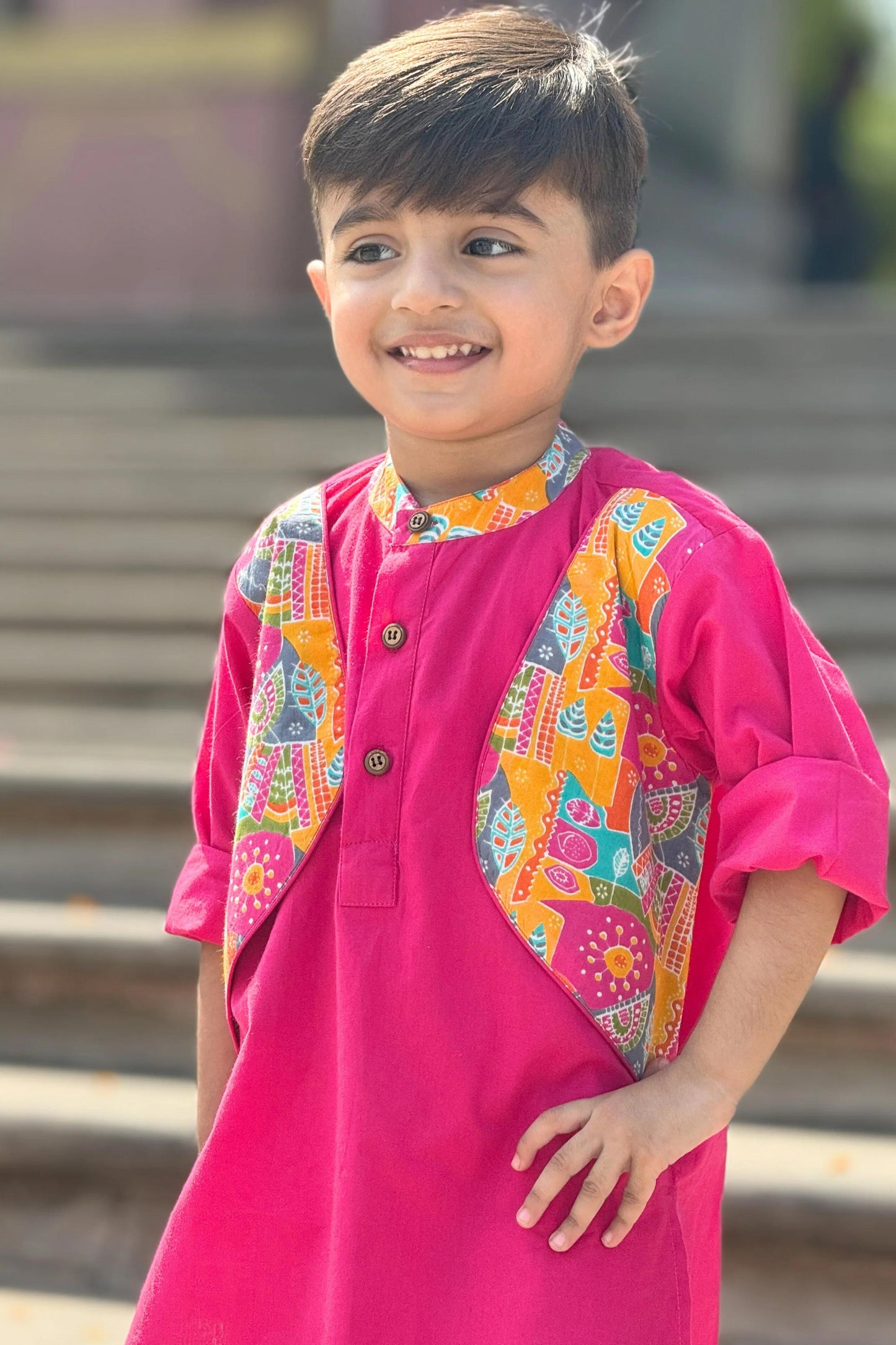 Peekaboo Boy’s Pink All-Over Print Kurta & Solid Dhoti Pant Set – Comfortable Cotton"