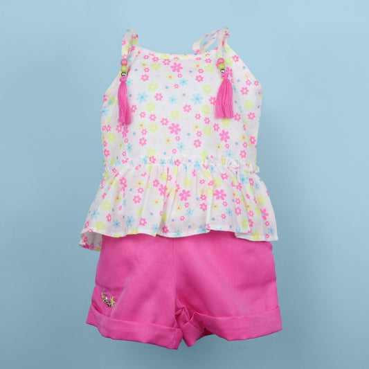DW Girl's Dark Pink 'Angel' Square Neck Top & Shorts Set