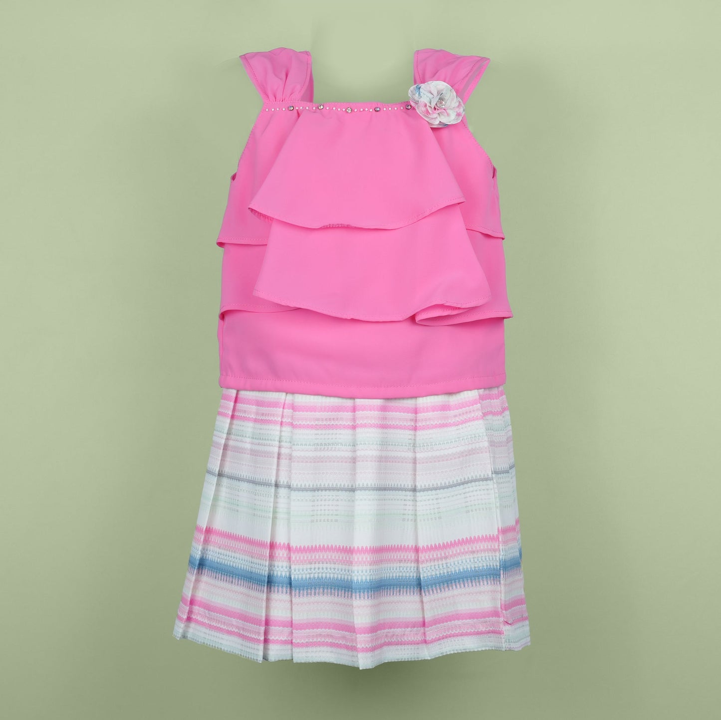 DW Girl's Dark Pink Embroidered Skirt Set with Rhinestones