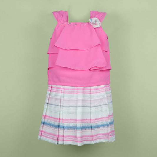 DW Girl's Dark Pink Embroidered Skirt Set with Rhinestones