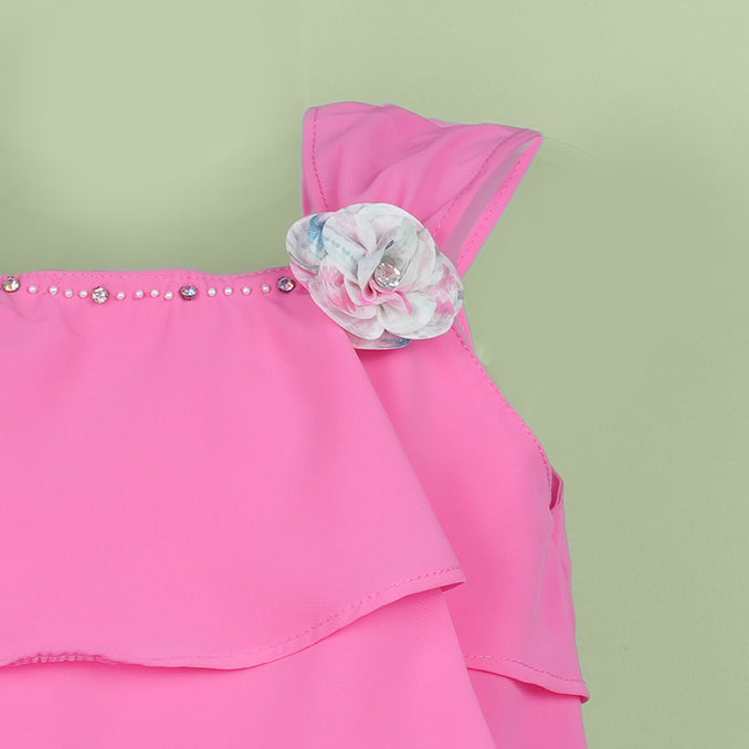DW Girl's Dark Pink Embroidered Skirt Set with Rhinestones