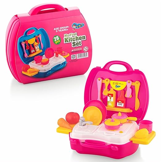 My First Kitchen 28-Piece Pretend Play Cooking Set with Suitcase – Stainless Steel Utensils & Accessories for Kids (Pink, Ages 3+)