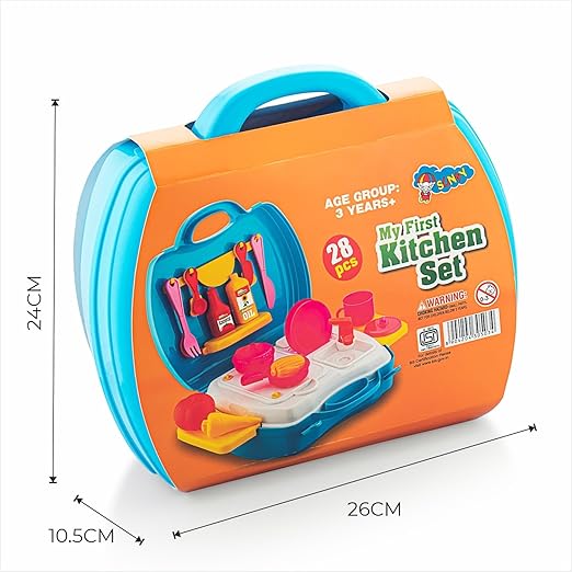 My First Kitchen 28-Piece Pretend Play Cooking Set with Suitcase – Stainless Steel Utensils & Accessories for Kids (Pink, Ages 3+)