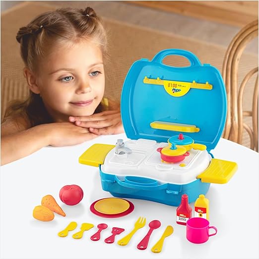 My First Kitchen 28-Piece Pretend Play Cooking Set with Suitcase – Stainless Steel Utensils & Accessories for Kids (Pink, Ages 3+)