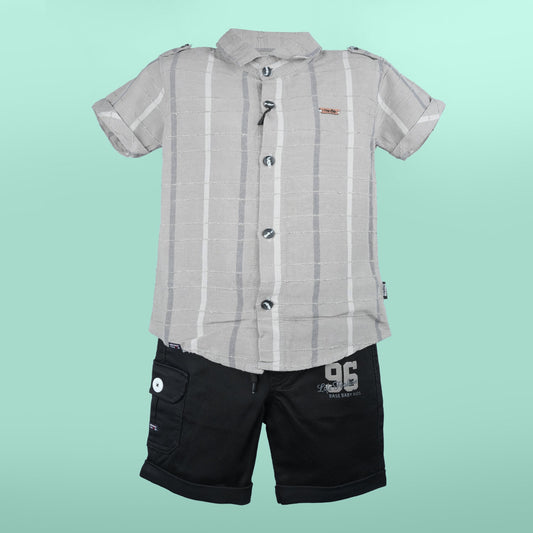 Little Star: Grey Embroidered Shirt & Shorts Set