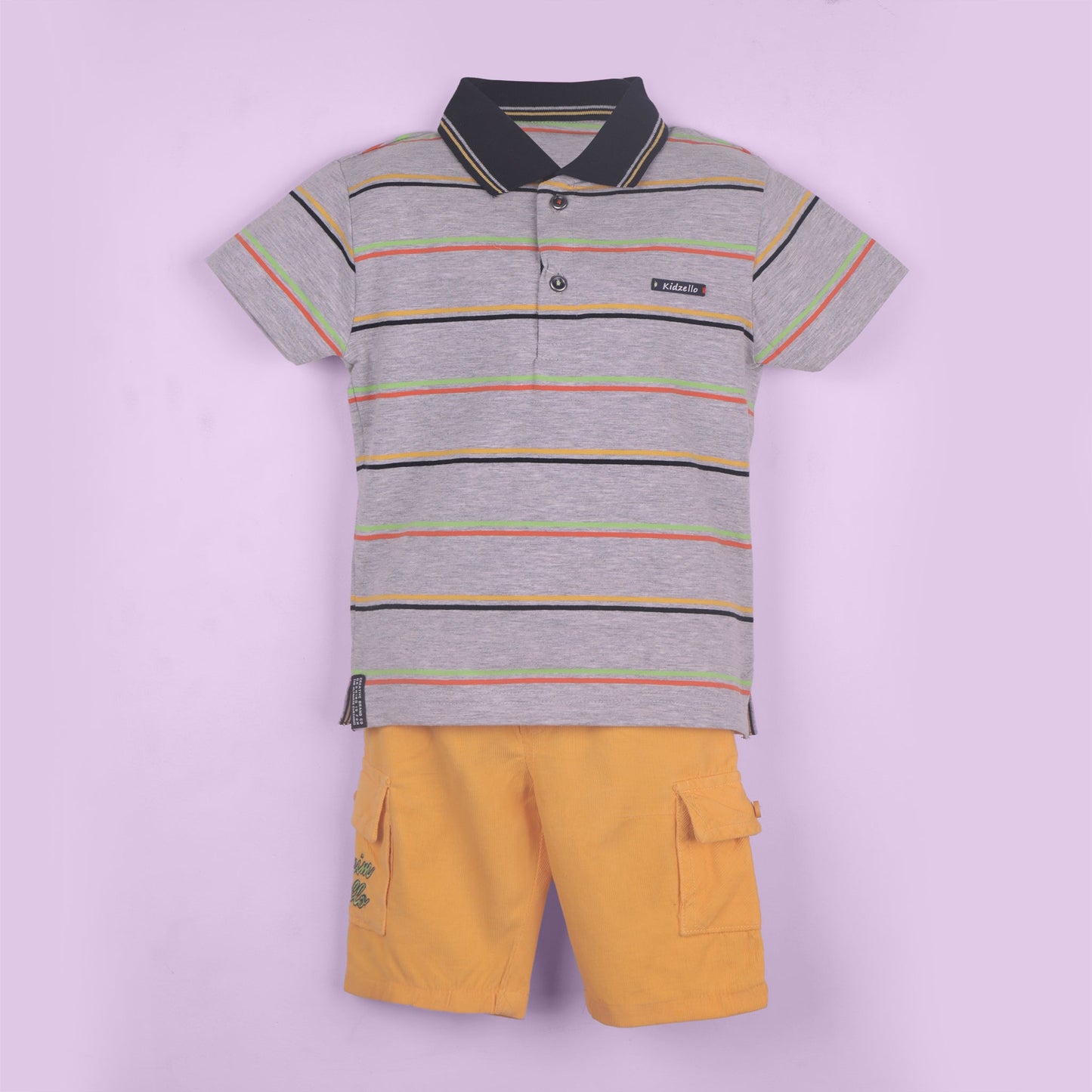 Cool Stripes – Boys’ Grey Cotton Blend Top & Shorts Combo