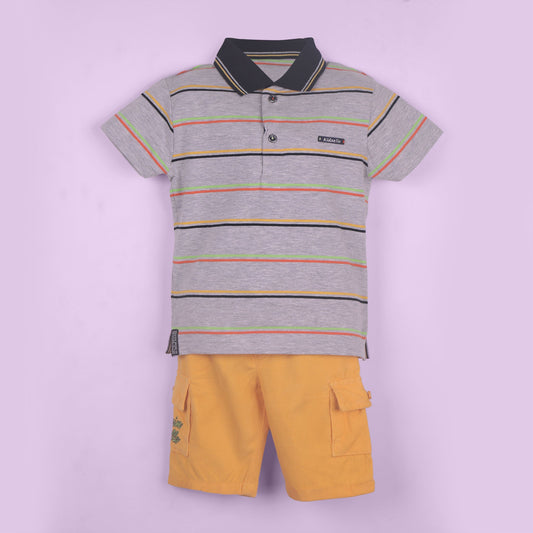 Cool Stripes – Boys’ Grey Cotton Blend Top & Shorts Combo