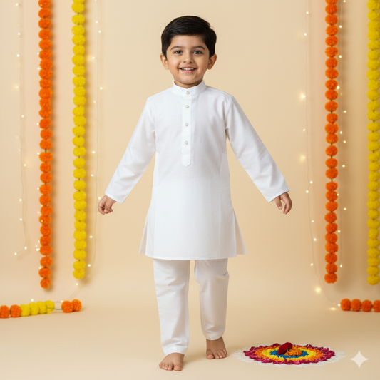 Crisp & Comfy: Motto White Full Sleeve Kurta Pajama Set for Every Festival