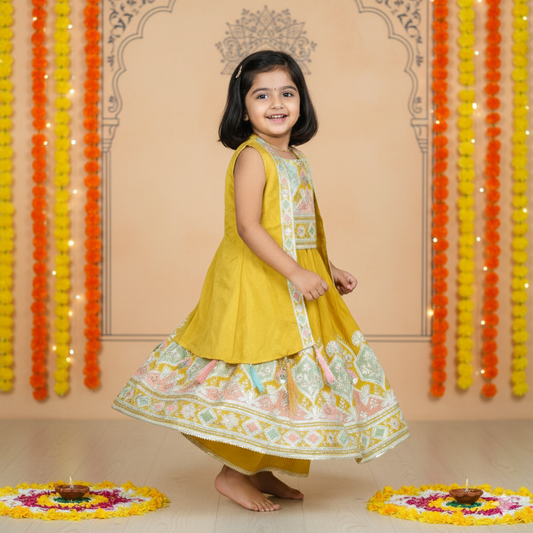 Little Diva’s Delight: Khaki Dark Lehenga Choli with Lace and Elastic Waist Skirt by Sparkle