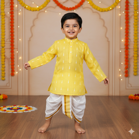 Festive Fresh: Tradition Boys’ Yellow Dhoti Kurta for Smart Outdoor Fun