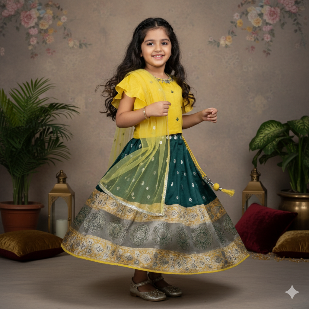 Shine All Day: Multi-Color Short Sleeve Lehenga Choli Set for Little Festival Stars