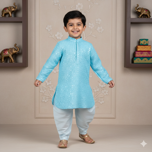 Sparkle in Blue: Little Collars Light Blue Kurta Pyjama with Festive Embroidery