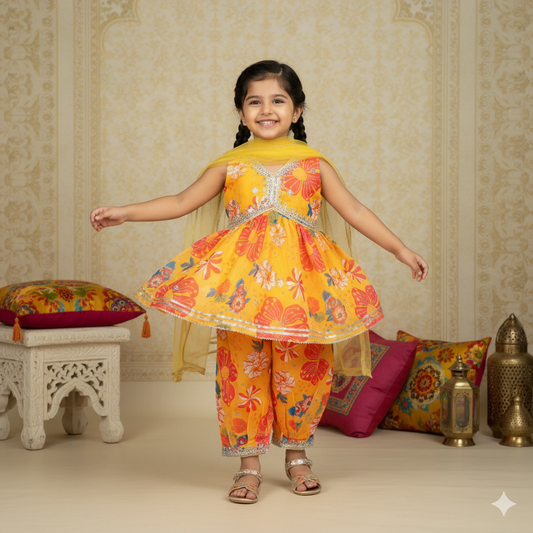 Festival Sunshine: Sparkle Yellow V-Neck Kurti & Churidar Set for Little Fashion Stars