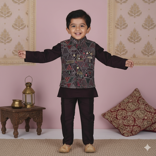 Regal in Plum – Boys’ Kurta Dhoti Jacket Pant Set