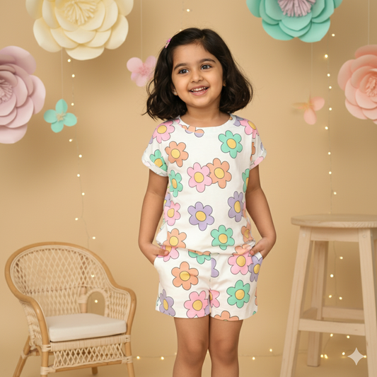 Chic White SmoothSense Girls' Set – All-Over Flower Print, Smart Outdoor & Party Wear