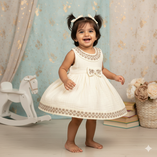 Orrigany Girls Cream Cotton Sleeveless Party Dress