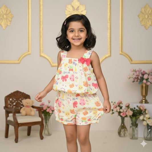 Orrigany Girls Yellow Cotton Party Top and Shorts Set