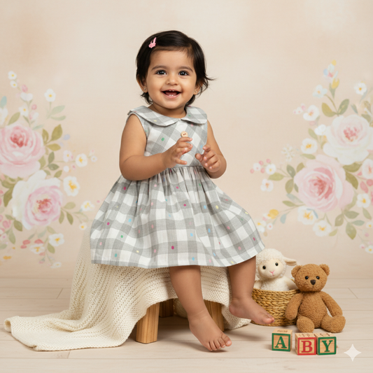 Orrigany Light Grey Checked Cotton Frock for Girls – Comfort+ Fabric, Sleeveless, Peter Pan Collar, Flared Waist Tie Dress, Perfect for Party & Smart Outdoor
