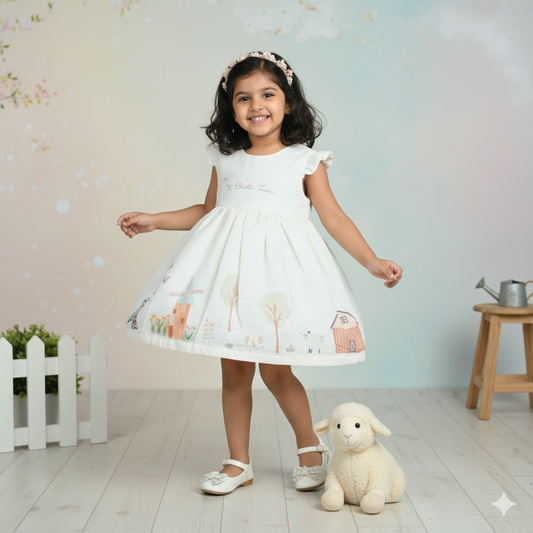 Orrigany Cream Cotton Frock – Playful Summer Party Dress for Girls,  Cute Ghibli Farm Print