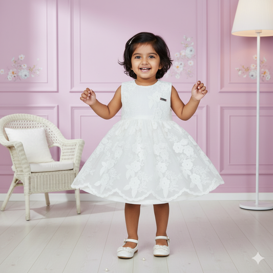 Orrigany’s Creamy Delight: Embroidered Tulle Frock for Twinkles and Celebrations
