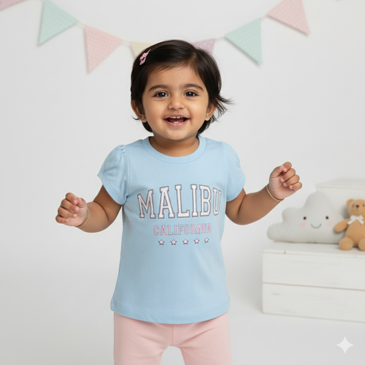 Pink Rabbit Girls Sky Blue Cotton Printed Cap Sleeve T-shirt