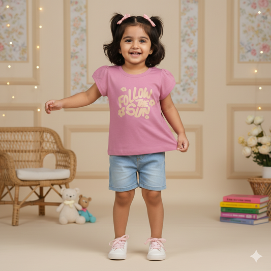 Pink Rabbit Girls Pink Cotton Printed Cap Sleeve T-shirt