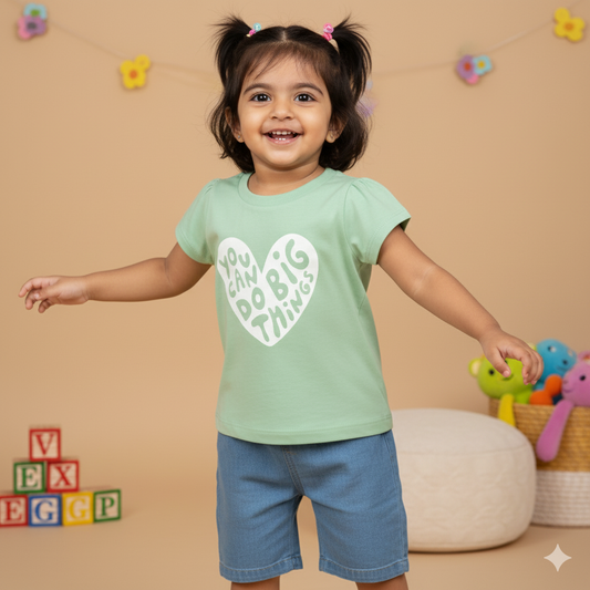 Pink Rabbit Girls Mint Cotton Printed Cap Sleeve T-shirt