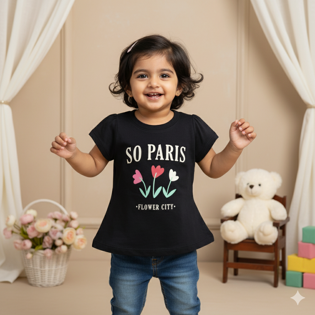 Pink Rabbit Girls Navy Blue Cotton Printed Cap Sleeve T-shirt
