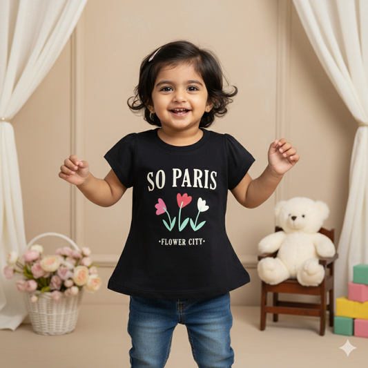Pink Rabbit Girls Navy Blue Cotton Printed Cap Sleeve T-shirt