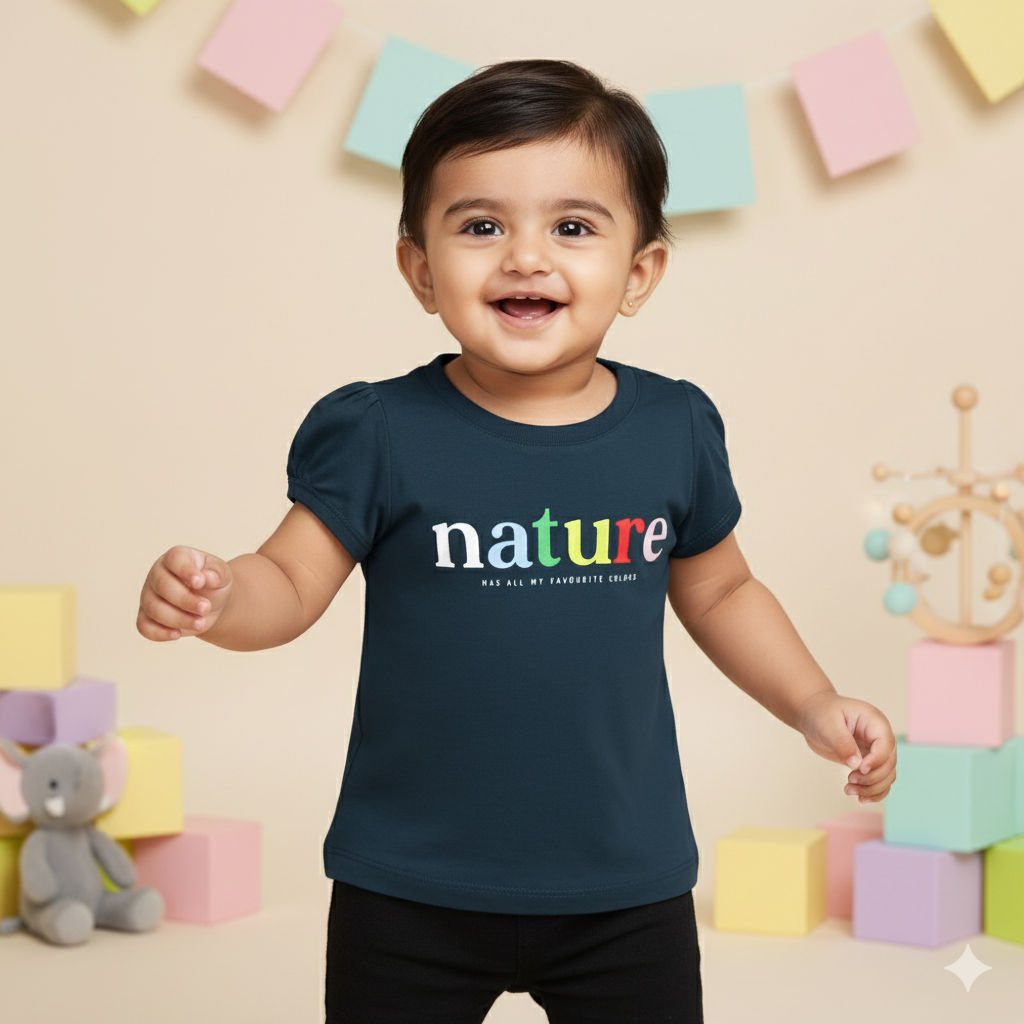 Girls’ Playful Quotation Print T-Shirt – Pink Rabbit Teal Blue Essentials Tee