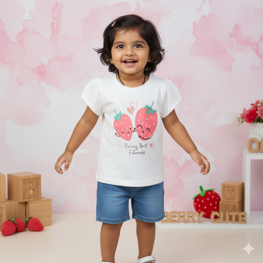 Girls' Playful Strawberry & Heart Print T-Shirt by Pink Rabbit – Summer Essential (Off-white)