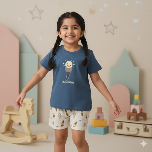 Mumbl Jumbl Soft Cotton Girls’ T-shirt & Short Set – Half Sleeve Top (Teal Blue)
