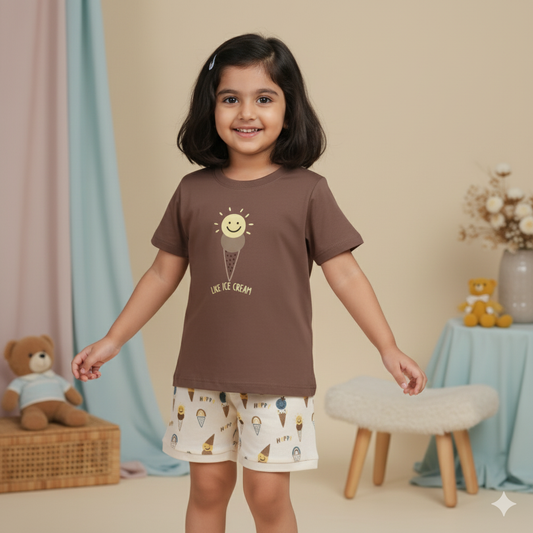 Mumbl Jumbl Soft Cotton Girls’ T-shirt & Short Set – Half Sleeve Top (Camel Brown)
