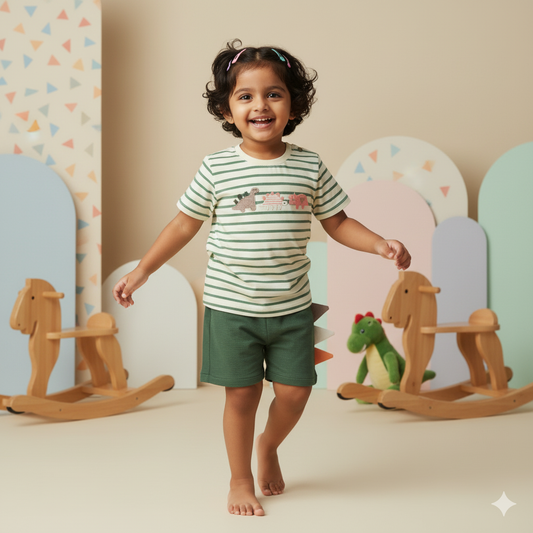 Mumbl Jumbl Girls’ Half Sleeves T-shirt & Shorts Set – With Dinosaur Print (Sea Green)