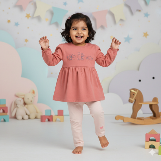 Cute Mumbl Jumbl Girls Nightwear’ Set – Full Sleeve Frock & Pull-On Pants (Dark Peach)