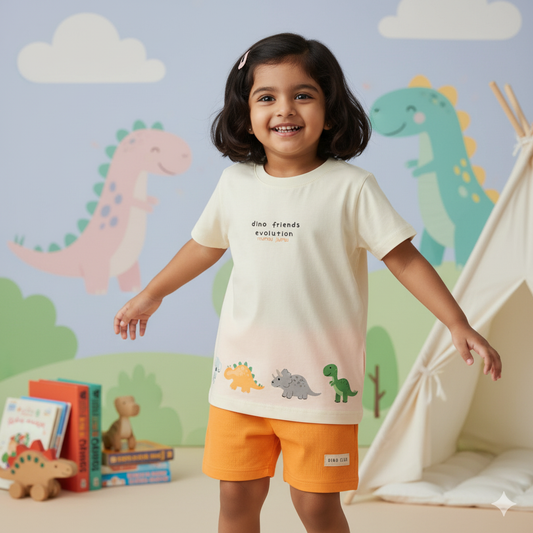 Mumbl Jumbl Girls’ Soft Cotton T-shirt & Shorts Set With Dinosaur Print - Yellow