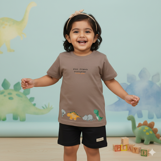 Mumbl Jumbl Girls’ Soft Cotton T-shirt & Shorts Set With Dinosaur Print - Camel Brown