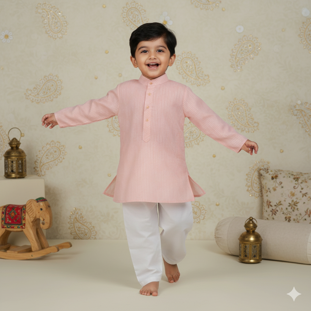 Peach Perfection – Embroidered Kurta Pyjama for Boys